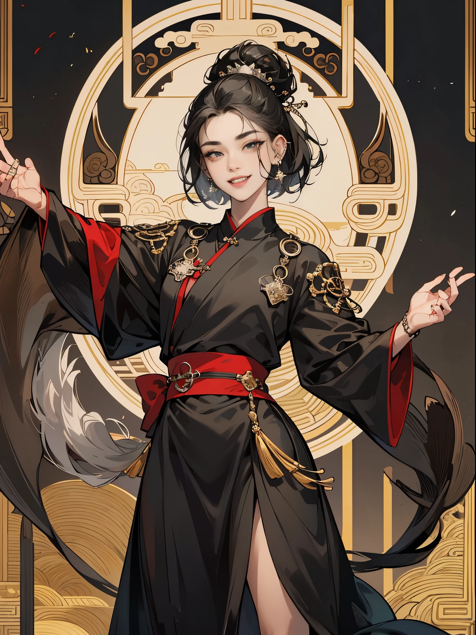 Masterpiece, High quality, Best quality, 1 person, man, ((Black hair)), （Full body portrait），Short hair, ((Body Piercing)), Light brown eyebrows, Vulgar, ((Solo))), Cheeky, (Black eye) , ((Lots of piercings)), Chinese clothes, Hanfu, Black nails, Detailed metal jewelry,tattoo, Fangs, Sharp teeth, Highly detailed fine art, (finely detailed beautiful eyes and detailed face), Exquisite facial features，Masterpiece, High quality, Best quality, 1 person, 1 person, ((Black hair)), Short hair, ((Body Piercing)), Light brown eyebrows, Charming Smile, Vulgar, ((Solo))), Cheeky, (Gray eyes) Fake smile, ((Lots of piercings)), Chinese clothes, Hanfu, Black nails, Detailed metal jewelry, Male organs, tattoo, Drool, Fangs, Sharp teeth, Highly detailed fine art, (finely detailed beautiful eyes and detailed face), Exquisite facial features