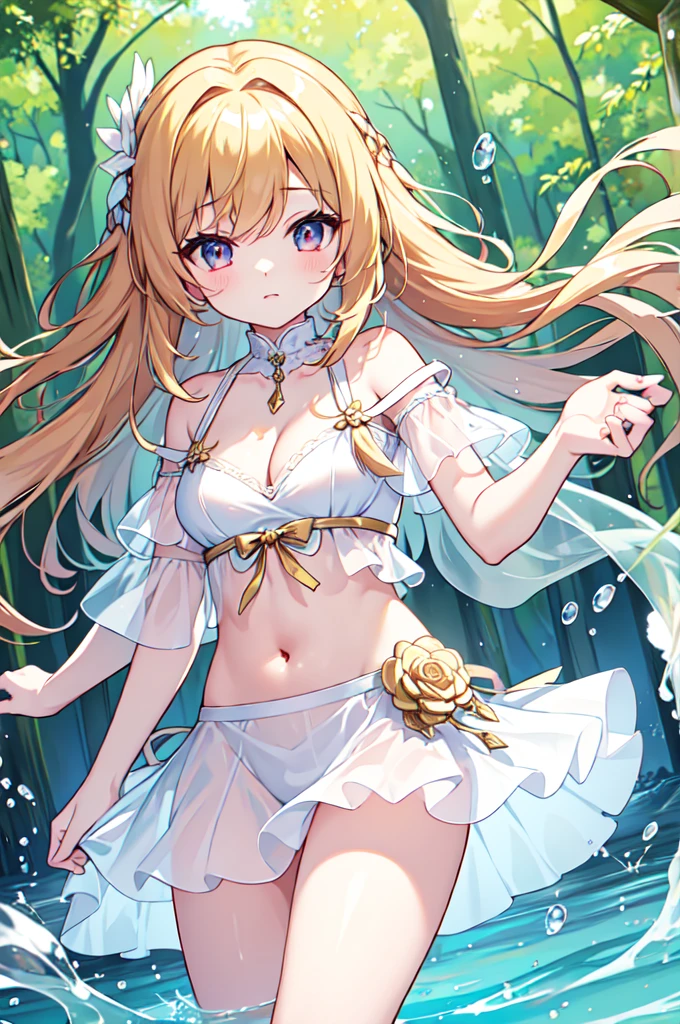 (masterpiece)、(Highest quality)、(Super Detail)、(Best Anatomy)、Light Hair,Angel of Color , See-through dress, Small breasts, Cleavage, Off the shoulder, Underbust, Thighs, Belly button,、Floating above a forest spring