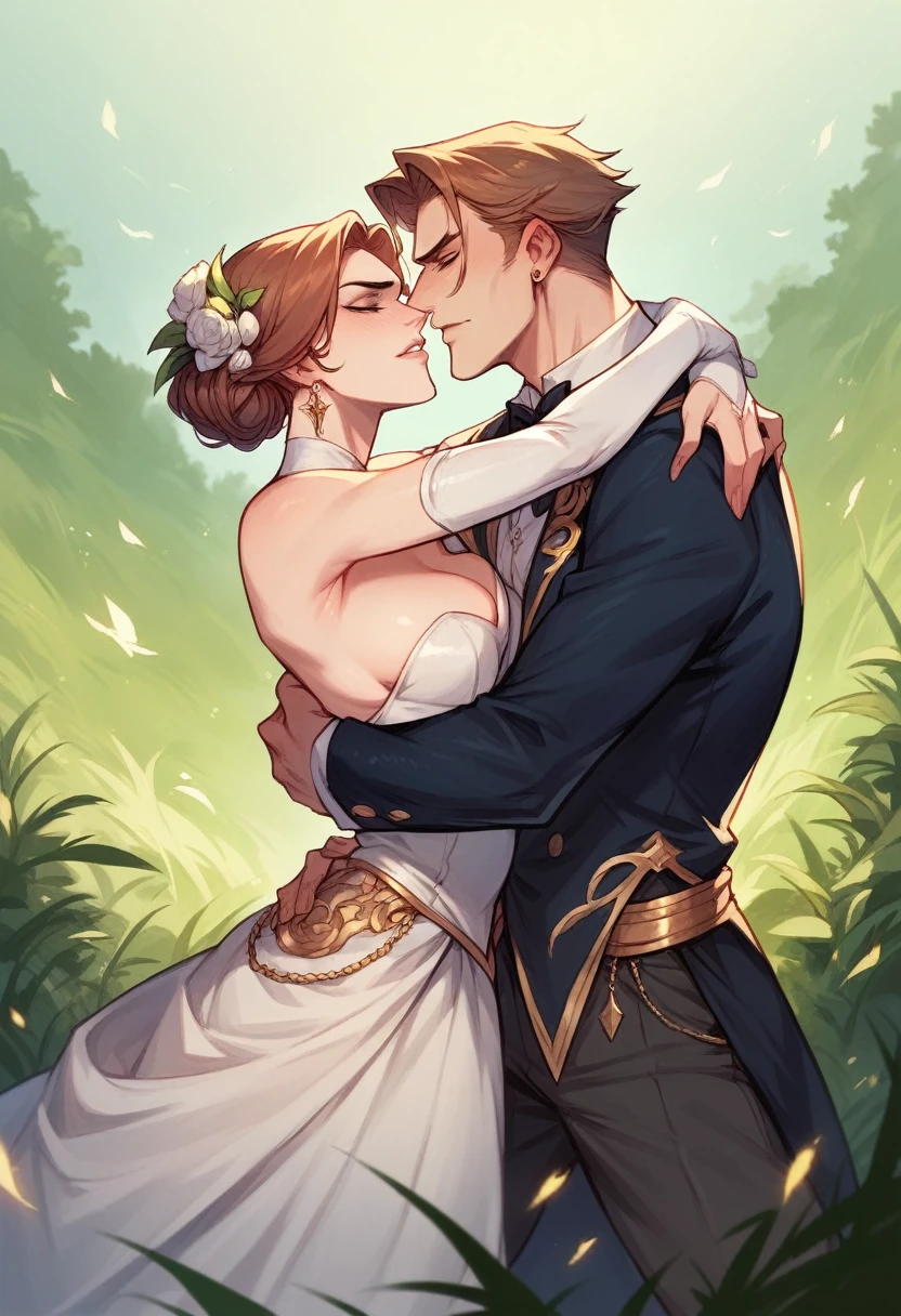 Queen Catherine the Great, in elegant clothes, was involved in a struggle with a man, embracing each other in the warmth of lust on dry grass, in the peak atmosphere of lovemaking,