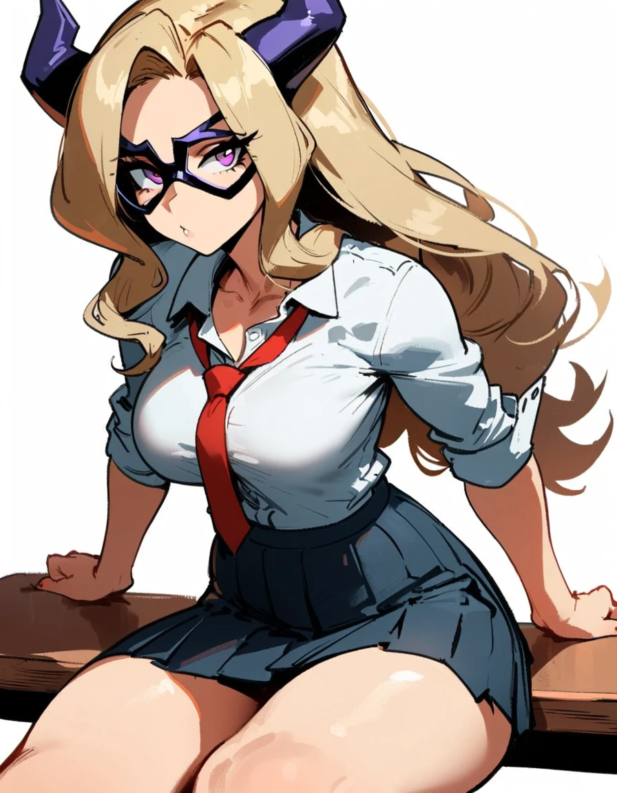 1girl, mount lady, boku no hero academia \\\\\ masterpiece, best quality, very aesthetic, absurdres, newest \\\\\\ sportive body, \\\\\\ by dodok, nyantcha, cutesexyrobutts, by khyle ///// blonde, purple eyes, (school uniform:1.2), skirt, , 24 years old, white background,tie,sit on desk, below view,