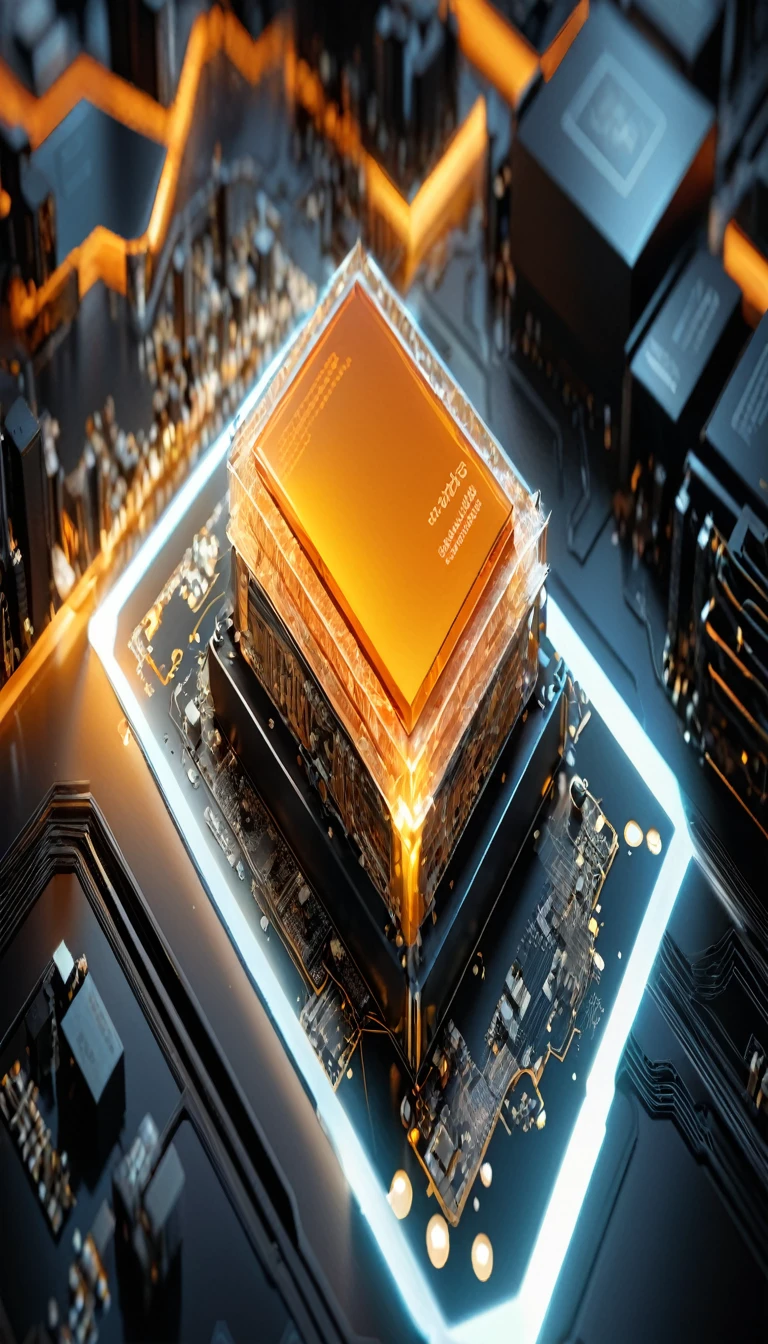 Orange,chip,Product Close-up,Close-up of the Photogram,Rendering,C4D,High-speed flow,3d,ultra-high definition texture details,integrated circuit,cou,network,data stream,Special effect,(The emitted light converges in the middle:1.5),container_architecture