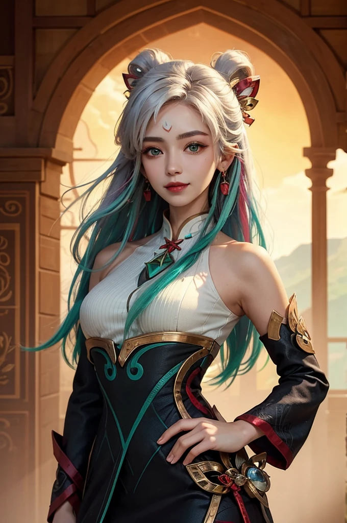 (masterpiece, best quality:1.2), intricate details, mythmaker irelia, 1girl, hair ornament, hair rings, bare shoulders, dress, detached sleeves, forehead mark, multicolored hair, white hair, earrings, green eyes, textured skin, looking at viewer, solo, light smile, (mature female:1.2)