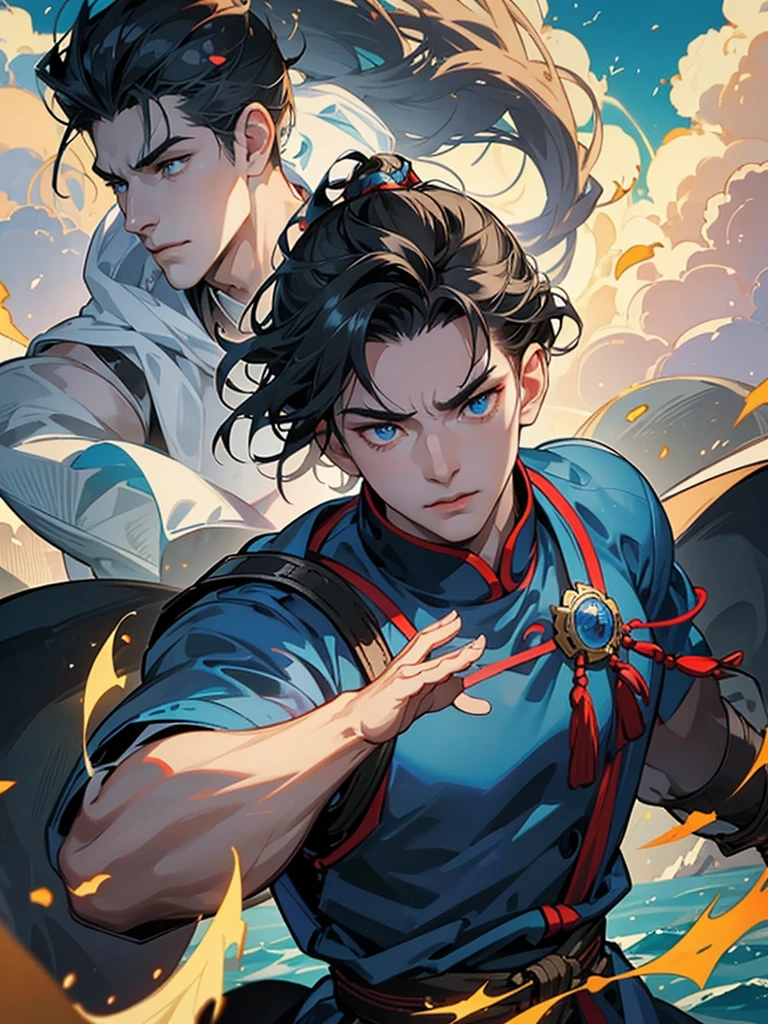 Chinese ancient style，Royal Guards，warrior，Guards with knives，warrior服，风雷warrior, electricity, Long white hair, Blue Eyes Fuck God, Best quality, Black hair, There are a lot of ornaments on the body,Small Crown, American face, Serious look, Anger, Blue skin, Low light, Natural Light, Light rays, Aura Power, Be a power, blue eyes, , Male focus, Big muscles, Bodybuilder, Composition, Depth of Field, Blur, whole body，Represents the exhilarating aura he exudes，to motivate his allies. The backdrop showcases the awe-inspiring landscape of Mahutori, Floating islands and airships adorn the sky, Prove his adventures at sea. With a steely gaze and a sense of purpose, Rezepi is a beacon of hope and leadership, Get ready to set sail，Inspire all who dare to dream with him，In the wonderful world of Chisogi.