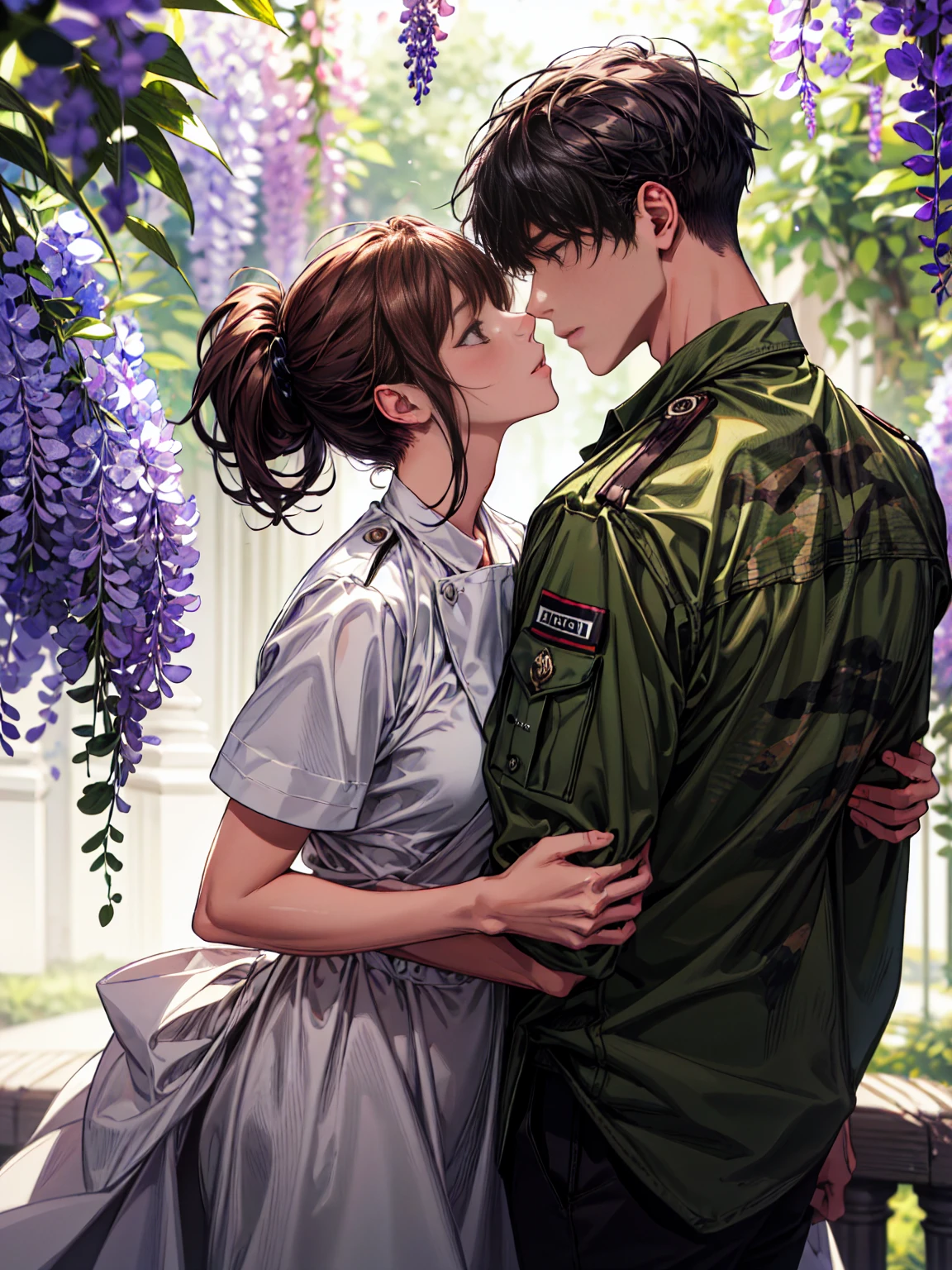 ((absurdres, higher, ultra HD)) 1 male, 1 female,mature, kissing each other, guy is front of her slightly bend towards her, (Man in green camouflage uniform), (woman in white nurse's uniform), wisteria flower around them, beautiful, scenary, romantic,((calm and romantic expression:1.2)) ,pixiv, digital painting, mascular man, beautiful elegant woman, (gray stylish hair for man), (brown long hair for woman)