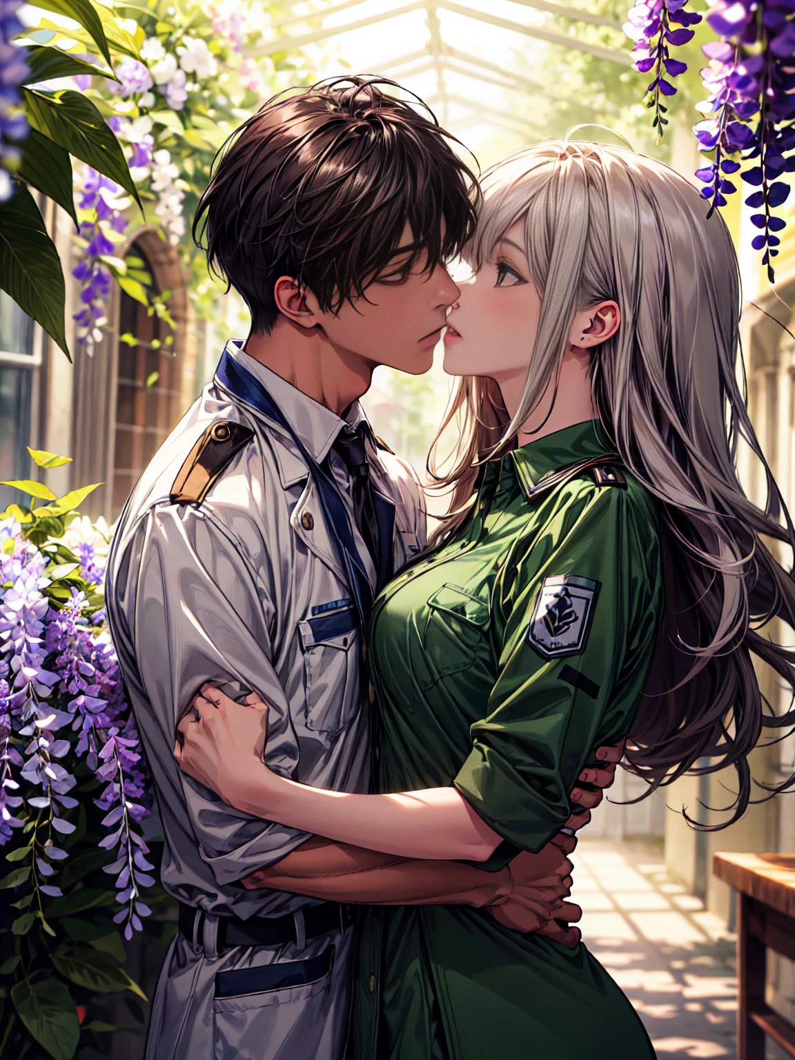 ((absurdres, higher, ultra HD)) 1 male, 1 female,mature, kissing each other, guy is front of her slightly bend towards her, (Man in green camouflage uniform), (woman in white nurse's uniform), wisteria flower around them, beautiful, scenary, romantic,((calm and romantic expression:1.2)) ,pixiv, digital painting, mascular man, beautiful elegant woman, (gray stylish hair for man), (brown long hair for woman)
