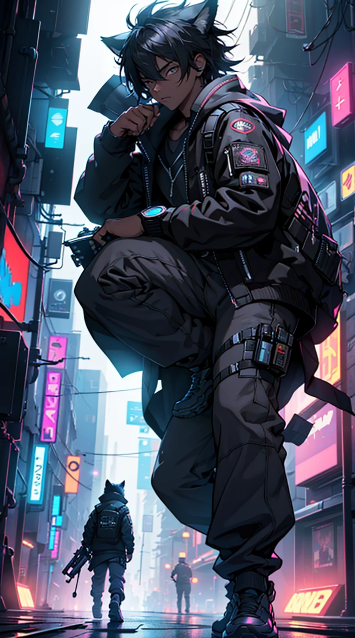 ultra detail, high resolution, ultra detailed, best quality, amazing, top quality, extremely detailed CG unity 8k wallpaper, cinematic lighting, cat fanboy, cyberpunk, dark boy