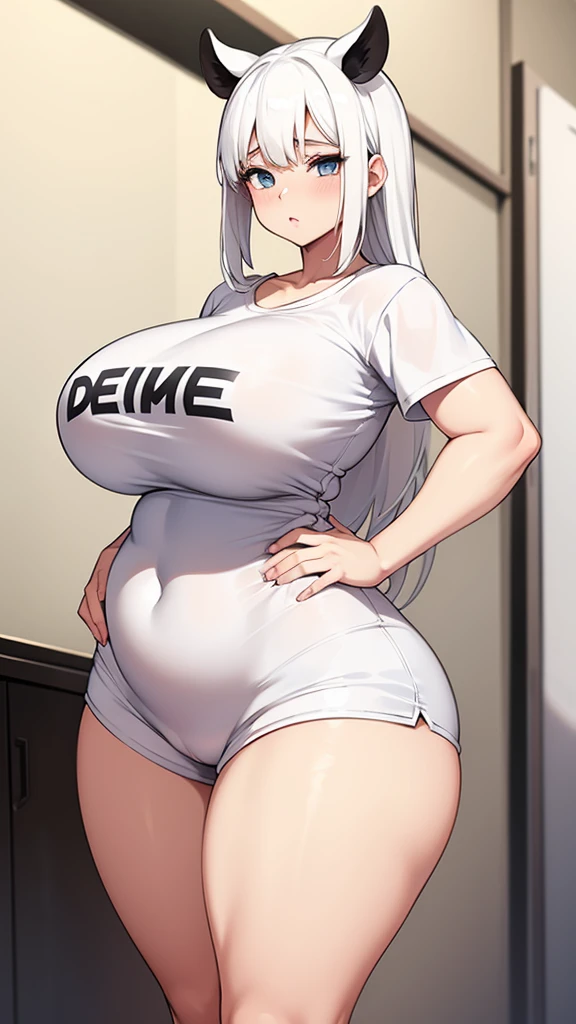 A dairy cow girl with white hair, a good figure, sexy, her breasts are very plump. and has big hips Wear tight t-shirts and shorts.