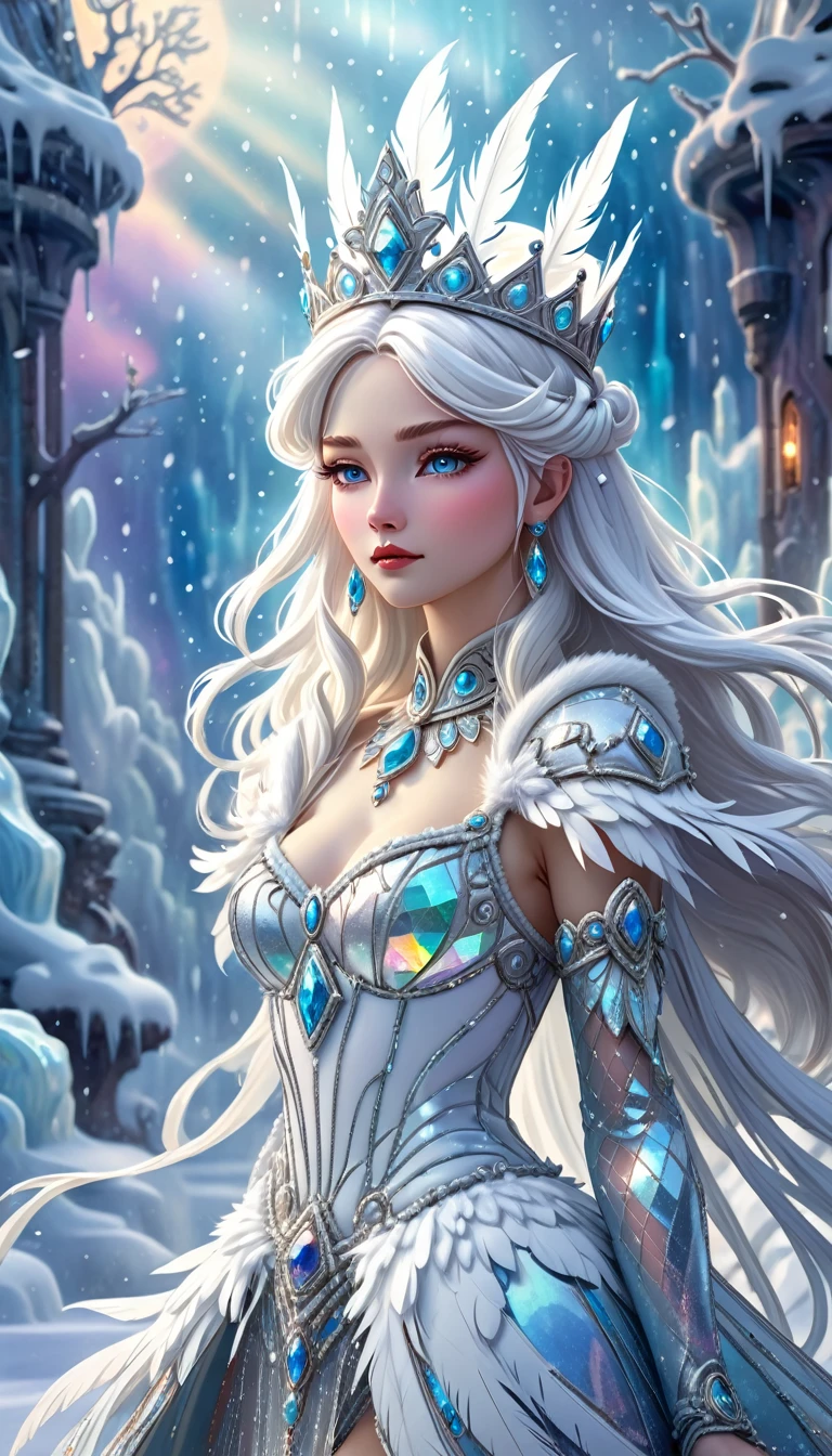 The Dairy Queen, a white - haired woman with long white hair, a crown on her head and a crystal dress with white feathers against a background of blizzard, 8k, dynamic pose, character design, frost colors, white, josephine wall, robotic, wonderland, marvel, sanrio, priestess, balletcore outfit, frontal lighting, soft lighting