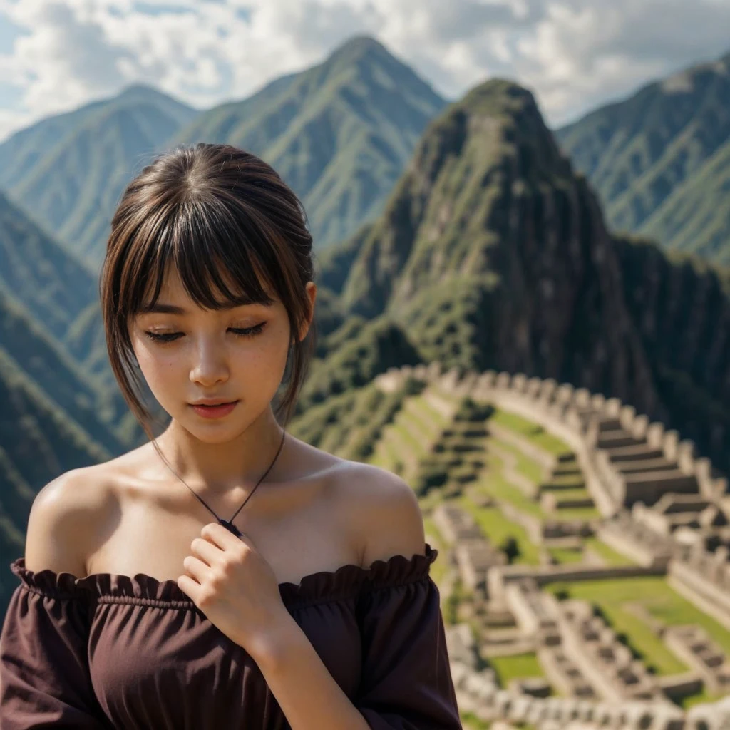 Kasumi, brown eyes, (best quality, ultra-detailed), (realistic:1.37), beautiful and detailed face, ultra-realistic texture, delicate face, delicate body, red lipstick, bright colors. High definition, 8K. beautiful smilling expression, mouth half open, closed eyes
