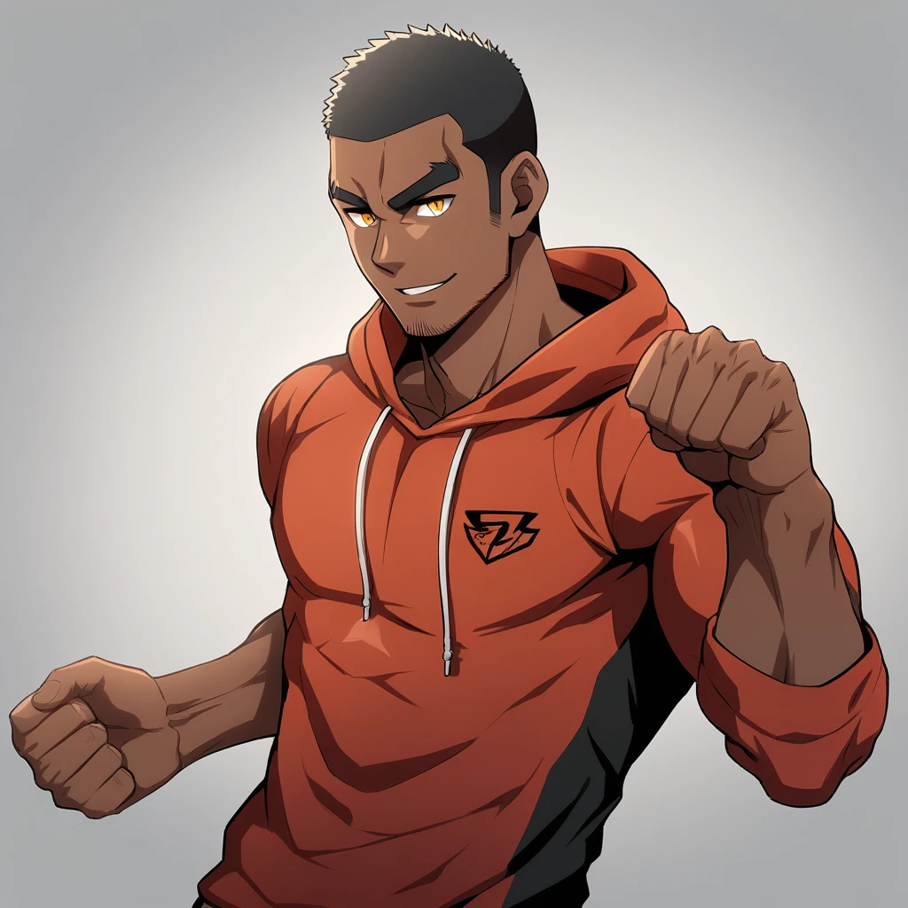 anime characters:Gyee, Young Muscle Sports Teacher, ????? black skin, Buzz Cut, Manliness, male focus, Dark red long-sleeved hooded sweatshirt, Very tight, muscular male, muscular, only, Upper body, alone, Black short hair, Thick eyebrows, stubble, Yellow eyes, Grey background, simple background, amazing quality, best aesthetics, Ridiculous, bright pupils, crew cut, parted lips, seductive smile, torogao, naughty face, best quality