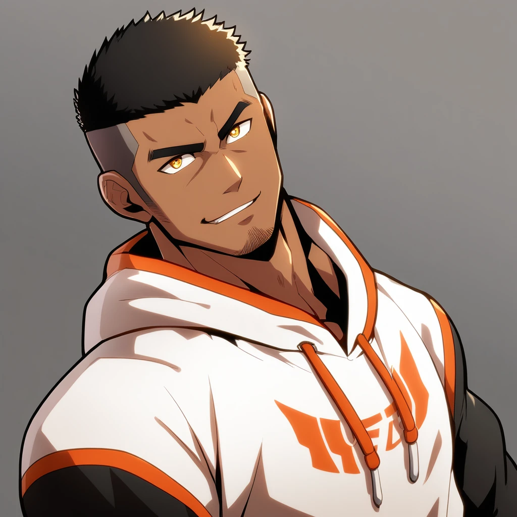 anime characters:Gyee, Young Muscle Sports Teacher, negro black skin, Buzz Cut, Manliness, male focus, Dark red long-sleeved hooded sweatshirt, Very tight, muscular male, muscular, only, Upper body, alone, Black short hair, Thick eyebrows, stubble, Yellow eyes, Grey background, simple background, amazing quality, best aesthetics, Ridiculous, bright pupils, crew cut, parted lips, seductive smile, torogao, naughty face, best quality