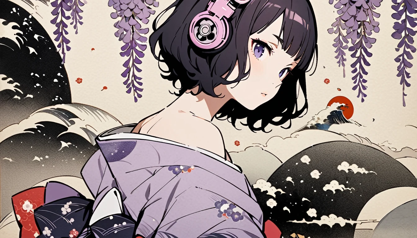 Highest quality, Katsushika Hokusai, Ink Painting, (((shorthair))), (((1 girl))), (((Pale purple kimono))), Japanese style headphones, Wisteria flower, beautiful girl, Black Hair, Delicate and precise, Modern ukiyo-e style