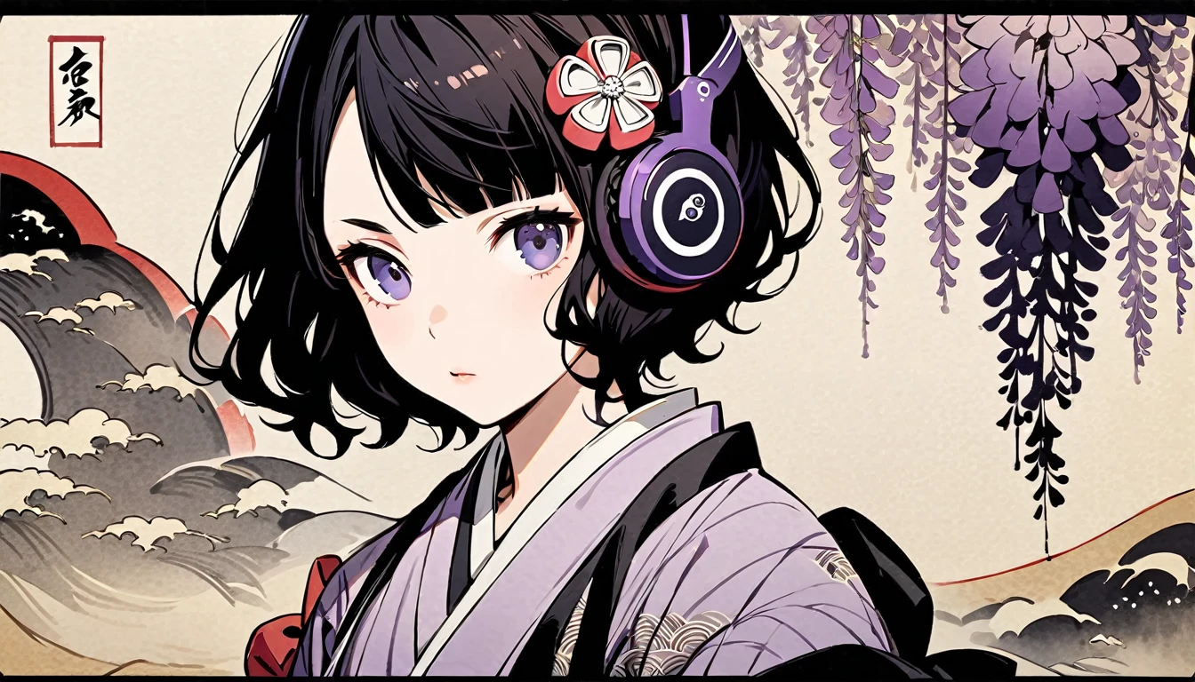 Highest quality, Katsushika Hokusai, Ink Painting, (((shorthair))), (((1 girl))), (((Pale purple kimono))), Japanese style headphones, Wisteria flower, beautiful girl, Black Hair, Delicate and precise, Modern ukiyo-e style