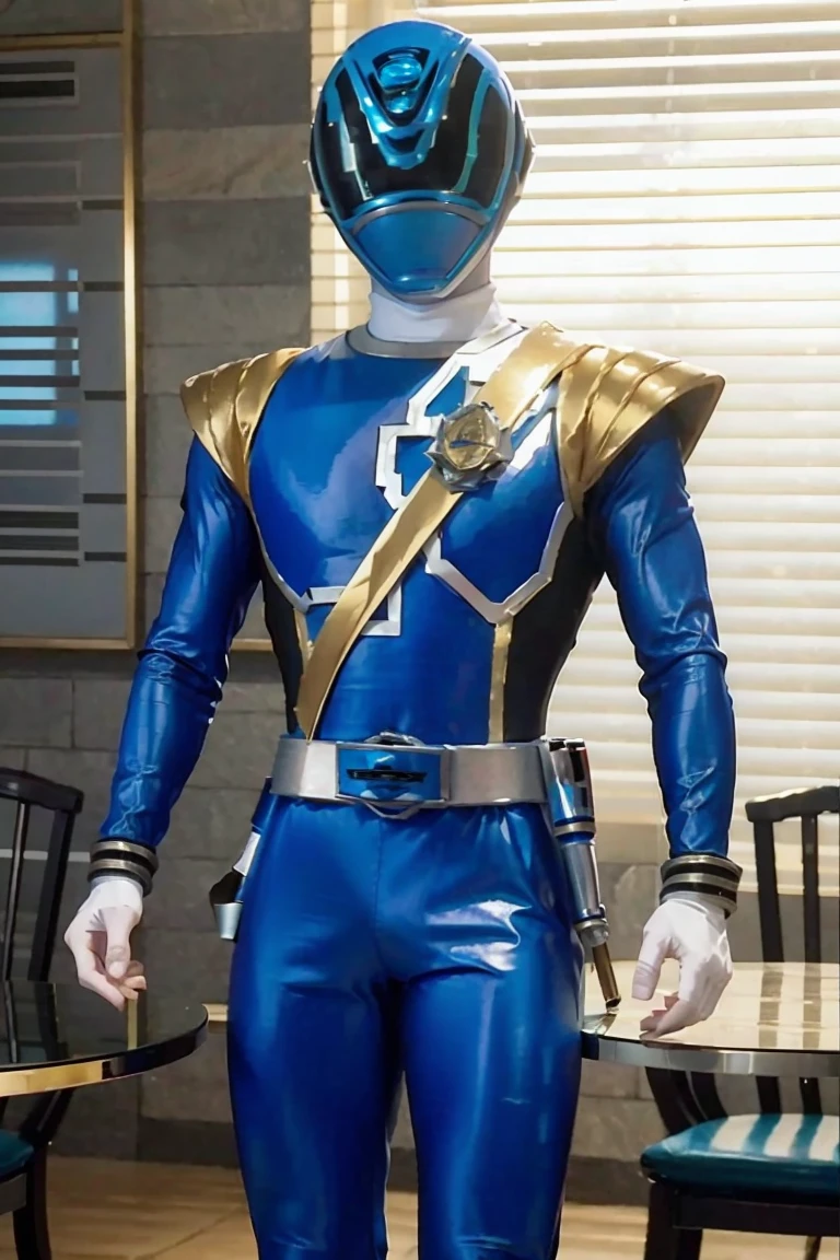 Fantasy background, cafe rpg style, empty chair, table, set of tea glass, (power rangers)), One guy、, ((blue ranger suit)), chest armor with gold details, costume, Solo, ((fit figure)), (Anatomically correct), Cowboy shot, masked face, guns, muscular build