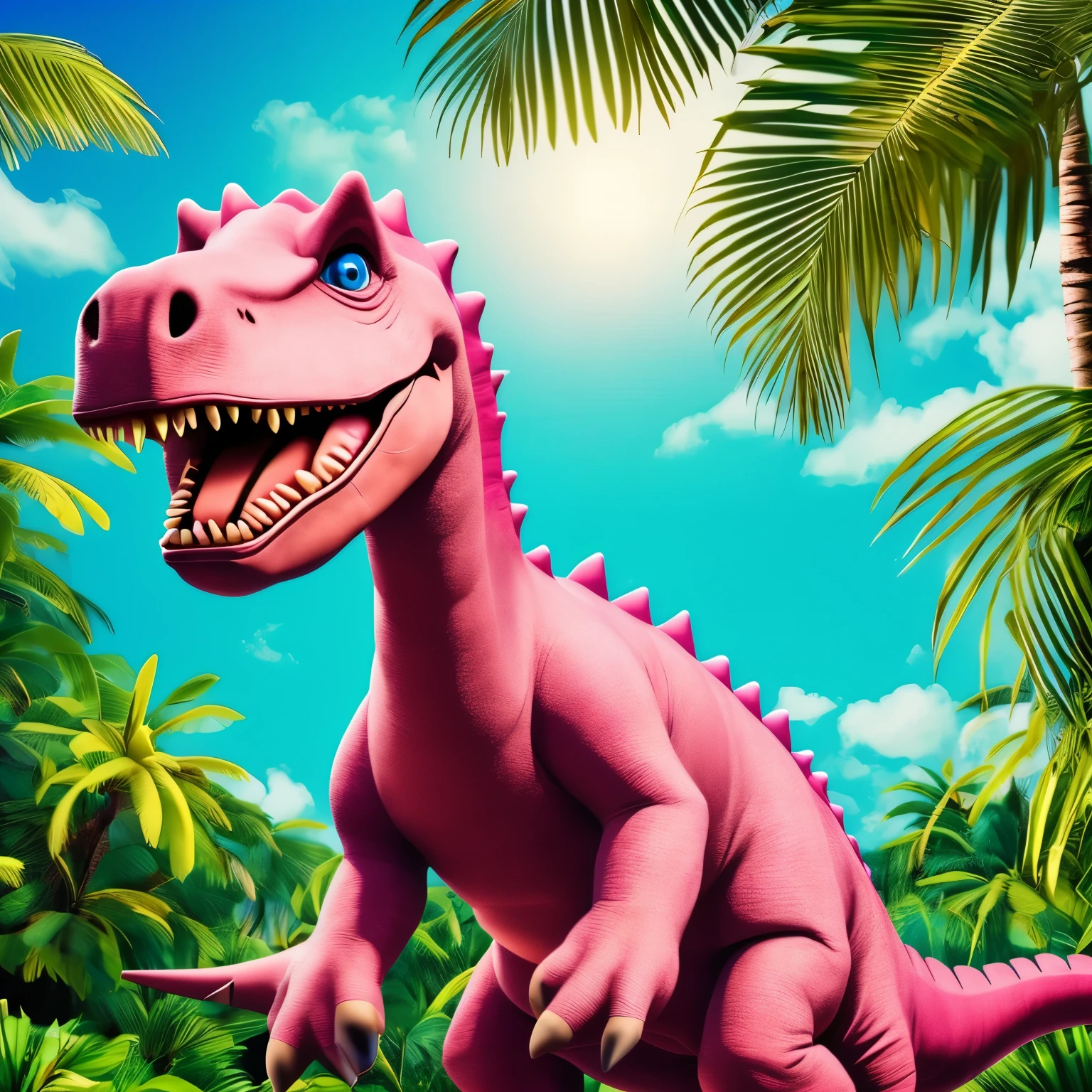 (Pink Dinosaur), Rounded shape, Big eyes, Friendly, smile, Tropical background, Colorful plants, Bright sun,