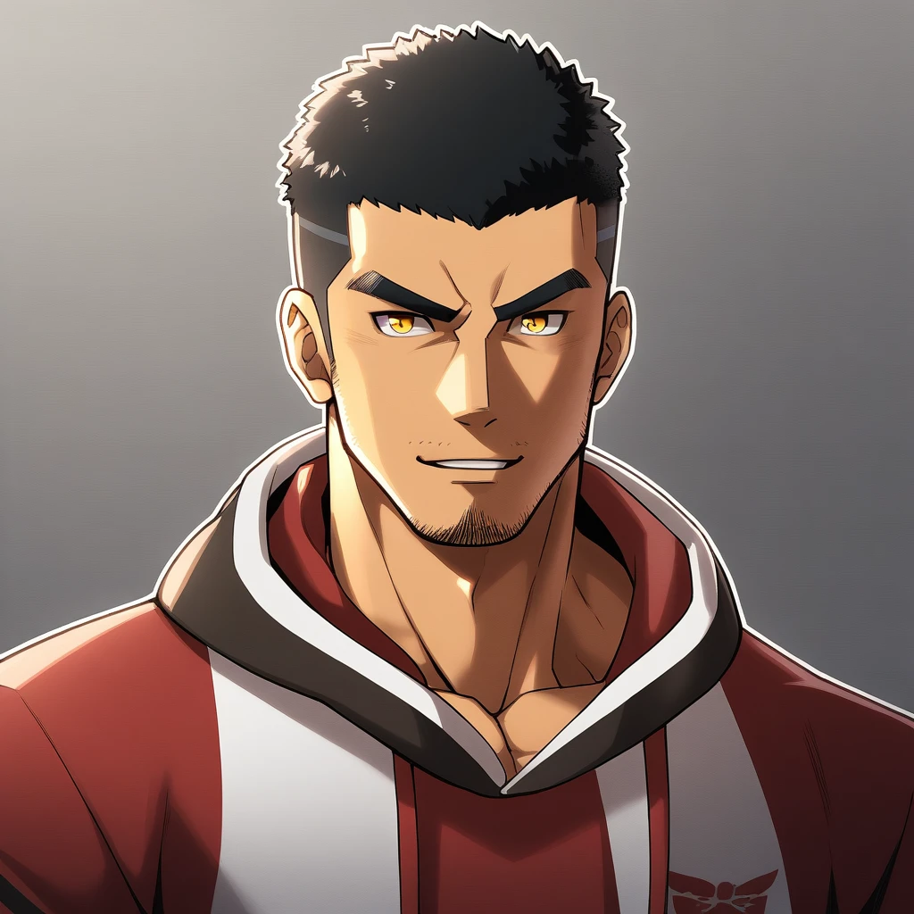anime characters:Gyee, Young Muscle Sports Teacher, negro black skin, Buzz Cut, Manliness, male focus, Dark red long-sleeved hooded sweatshirt, Very tight, muscular male, muscular, only, Upper body, alone, Black short hair, Thick eyebrows, stubble, Yellow eyes, Grey background, simple background, amazing quality, best aesthetics, Ridiculous, bright pupils, crew cut, parted lips, seductive smile, torogao, naughty face, best quality