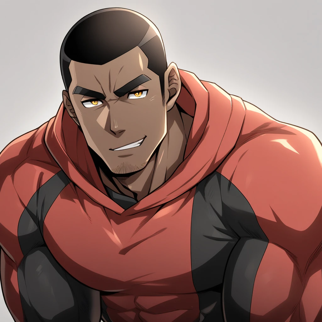 anime characters：Gyee, Young Muscle Sports Teacher, negro black skin, Buzz Cut, Manliness, male focus, Dark red long-sleeved hooded sweatshirt, Very tight, muscular male, muscular, only, Upper body, alone, Black short hair, Thick eyebrows, stubble, Yellow eyes, Grey background, simple background, amazing quality, best aesthetics, Ridiculous, bright pupils, crew cut, parted lips, seductive smile, torogao, naughty face, best quality