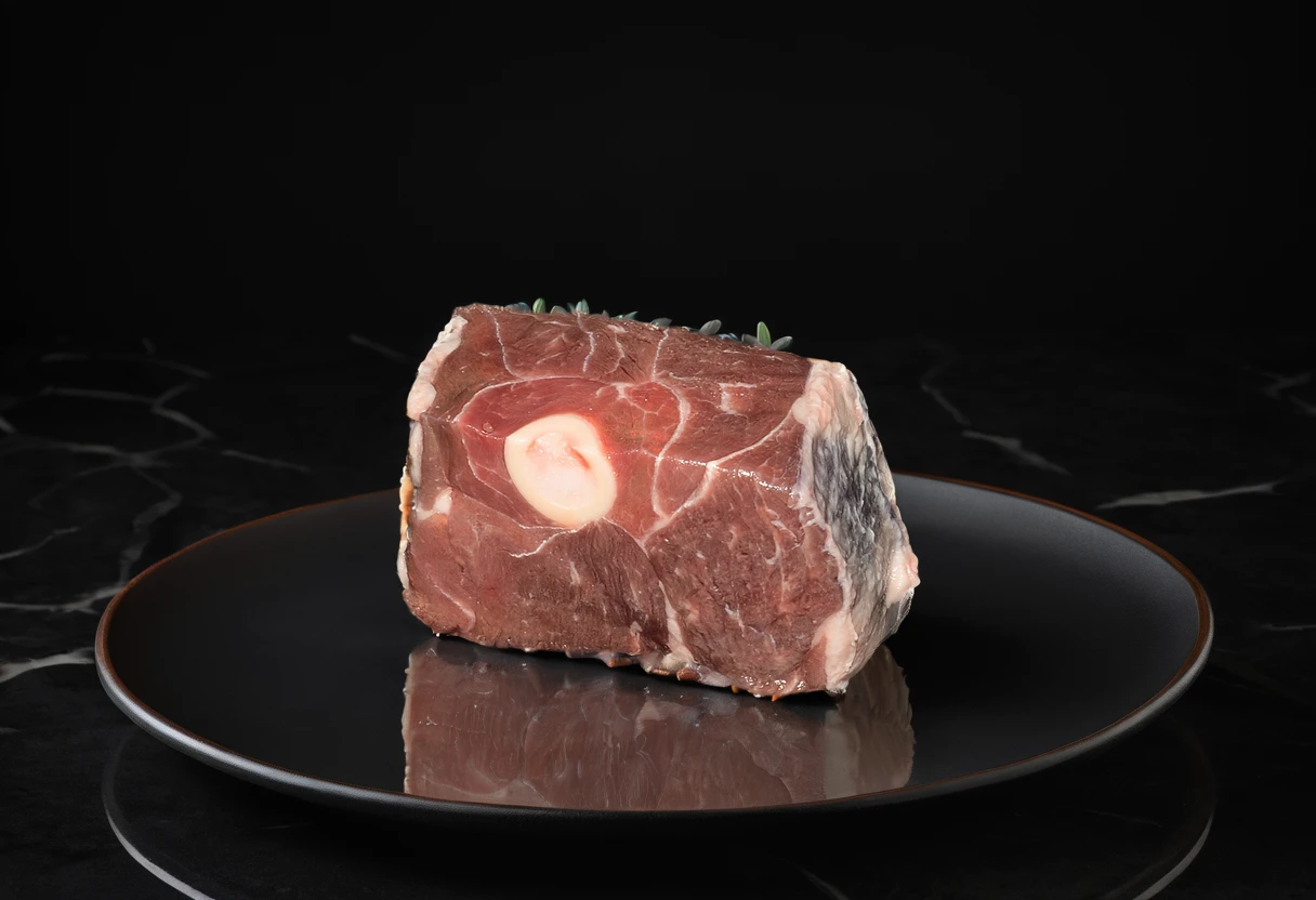 A succulent piece of meat is elegantly arranged on an exquisite white porcelain plate, set against the backdrop of a well-appointed kitchen. The plate features delicate patterns that add a touch of sophistication to the presentation