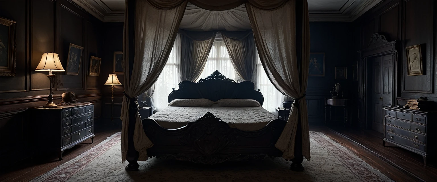 Envision a colonial bedchamber enveloped in the dark stillness of midnight. The grand bed, with its intricate carvings, dominates the room. Moonlight seeps through thin curtains, highlighting the decay and casting eerie shadows that hint at unseen presences in the room. (realistic, mystic, mysterious, no people, detailed)