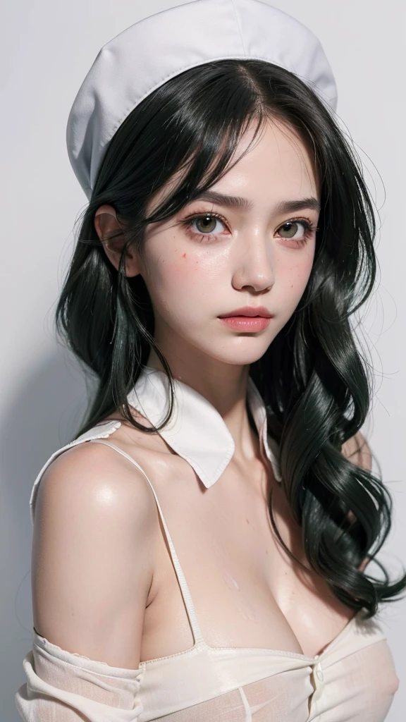 best quality, masterpiece, (lifelike:1.4), 1 17 year old girl, A faint smile, Dark green hair，White nurse uniform，Nipple protrusion，Wet，A lot of sweat，Marks，blushed skin，/Upscale，Height 175cm，Natural beautiful face，slim body，Pure white background，Fair and rosy skin，Messy Curls