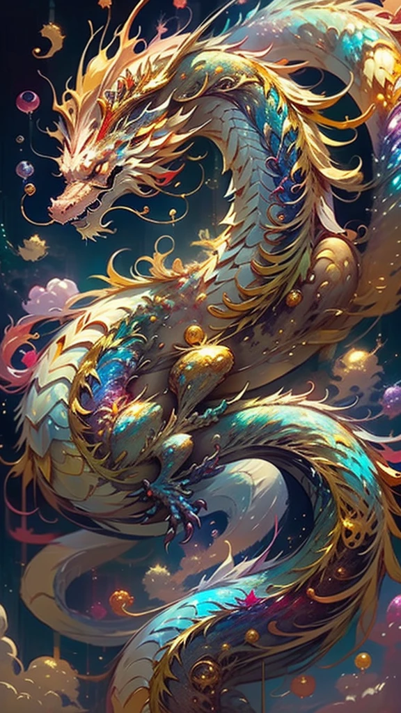 Golden Dragon。Rainbow glowing scales。龍god降臨。Golden Splash、milky way、god々々right、Staring straight ahead、Redbeard