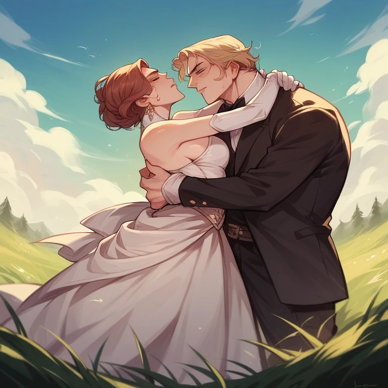 Queen Catherine the Great, in elegant clothes, was involved in a struggle with a man, embracing each other in the warmth of lust on dry grass, in the peak atmosphere of lovemaking,