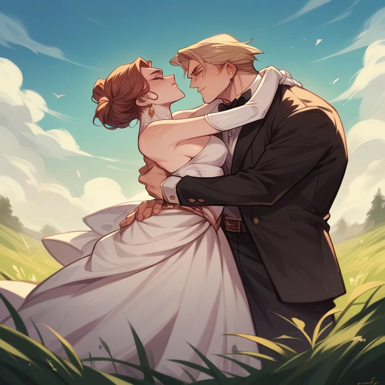 Queen Catherine the Great, in elegant clothes, was involved in a struggle with a man, embracing each other in the warmth of lust on dry grass, in the peak atmosphere of lovemaking,