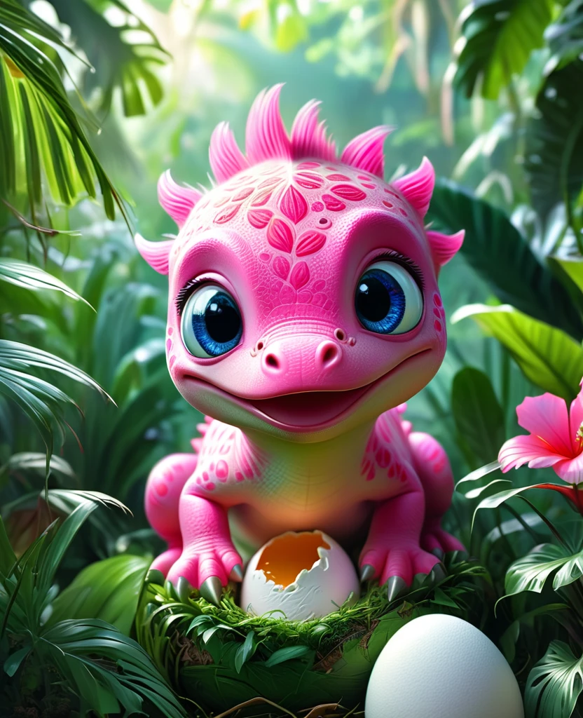 a cute pink dinosaur hatching from an egg, beautiful detailed eyes, beautiful detailed face, extremely detailed eyes and face, adorable expression, lush jungle background, dreamy, whimsical, watercolor, digital painting, (best quality,4k,8k,highres,masterpiece:1.2),ultra-detailed,(realistic,photorealistic,photo-realistic:1.37),vibrant colors,soft lighting