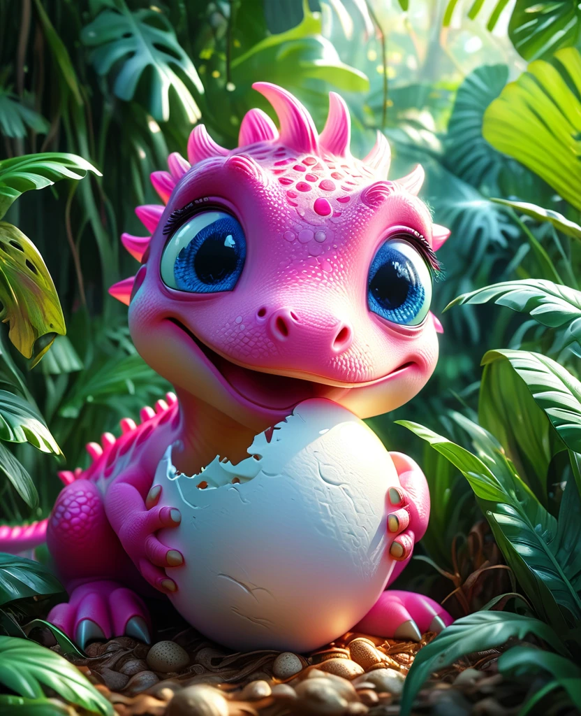 a cute pink dinosaur hatching from an egg, beautiful detailed eyes, beautiful detailed face, extremely detailed eyes and face, adorable expression, lush jungle background, dreamy, whimsical, watercolor, digital painting, (best quality,4k,8k,highres,masterpiece:1.2),ultra-detailed,(realistic,photorealistic,photo-realistic:1.37),vibrant colors,soft lighting