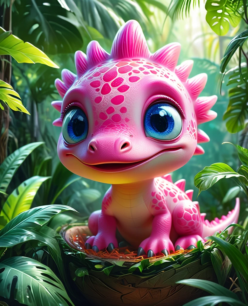 a cute pink dinosaur hatching from an egg, beautiful detailed eyes, beautiful detailed face, extremely detailed eyes and face, adorable expression, lush jungle background, dreamy, whimsical, watercolor, digital painting, (best quality,4k,8k,highres,masterpiece:1.2),ultra-detailed,(realistic,photorealistic,photo-realistic:1.37),vibrant colors,soft lighting