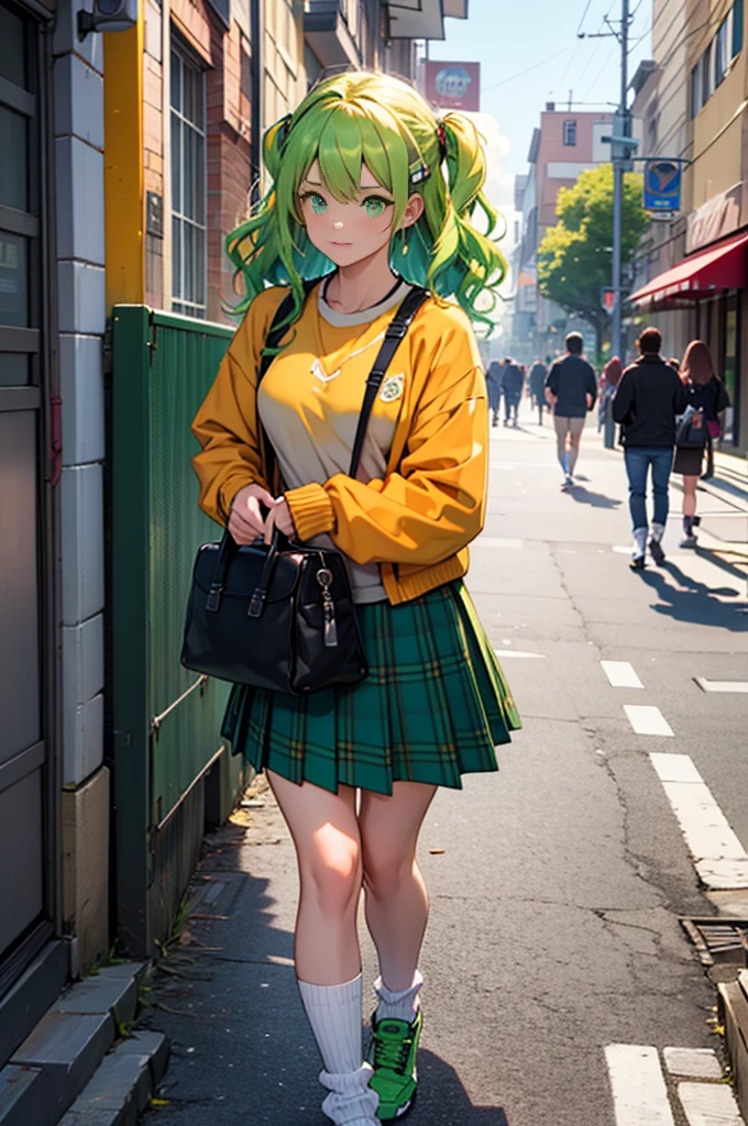 Girl with emerald green hair and orange inner color, wavy hair, gradation hair, green hair, pink inner color, side braids, wavy hair, two side up, cloud hair, emerald green eyes, high school girl, Lively and active, golden hair clip, loose socks, plaid skirt, holding smartphone, on the street, (best) quality, 4K, 8K, high resolution, masterpiece: 1.2), super detailed, bright colors, soft illumination