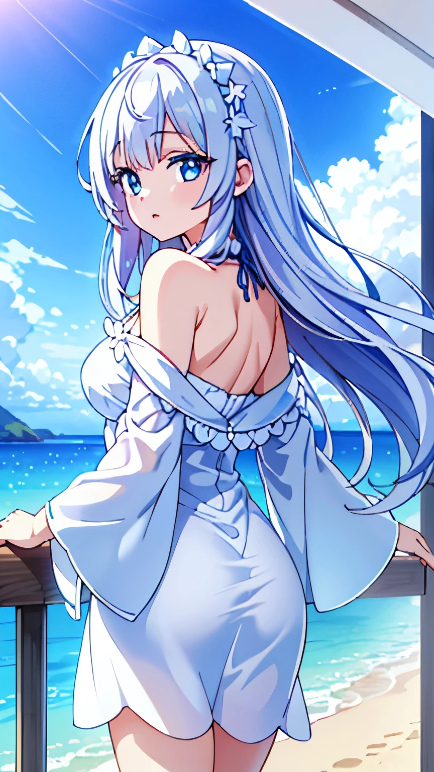 a girl walking on a white sandy beach, beautiful detailed eyes, beautiful detailed lips, extremely detailed eyes and face, long eyelashes, flowing dress, serene expression, coastal landscape, blue sky, fluffy white clouds, golden sunlight, calm ocean waves, (best quality,4k,8k,highres,masterpiece:1.2),ultra-detailed,(realistic,photorealistic,photo-realistic:1.37),landscape,vivid colors,natural lighting