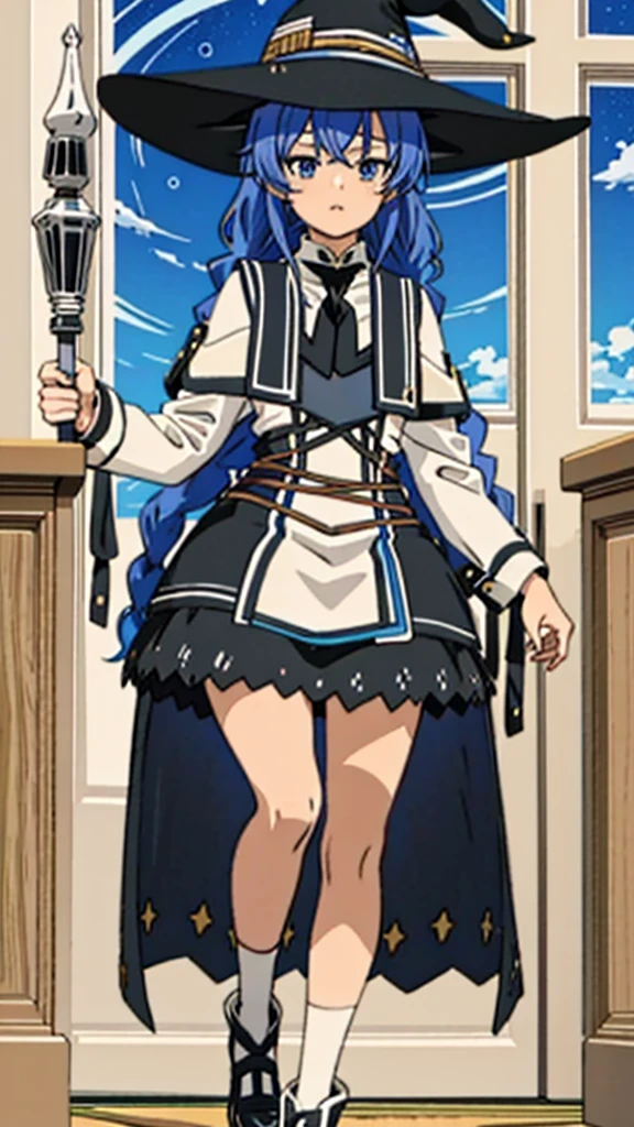 Masterpiece, top quality, best quality, official art, beautiful and aesthetic, anime, 1girl,extremely detailed, colorful, more detailed ((ultra-detailed)), (highly detailed CG illustration),(small breast:1.2),twin braids, long hair, blue hair, blue eyes,white dress, neck ribbon, black ribbon, black skirt, witch hat, black hat, castle, night,stars,moon,starfall,moonshine,stockings,magic staff.