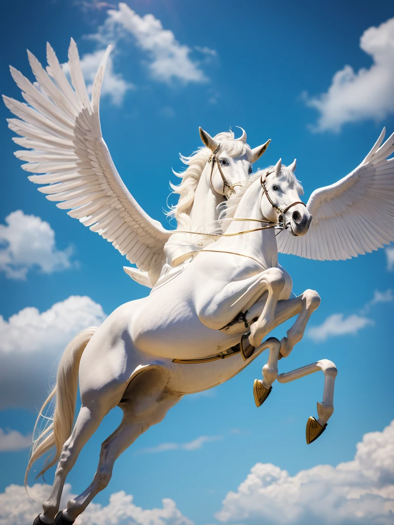 Highest quality,8K,photograph,One Pegasus,Pegasus is a fictional animal that originated in Greek mythology.,Appearance: A winged white horse,Golden wings and brass hooves,With a shining golden mane,Running through the sky faster than the wind,The tireless horse,Pegasus is a flying horse, said to be the messenger of Zeus, the supreme god of the sky, and can only be ridden with golden reins.,Pure White Pegasus,Pegasus with long, large white wings,The background is light blue