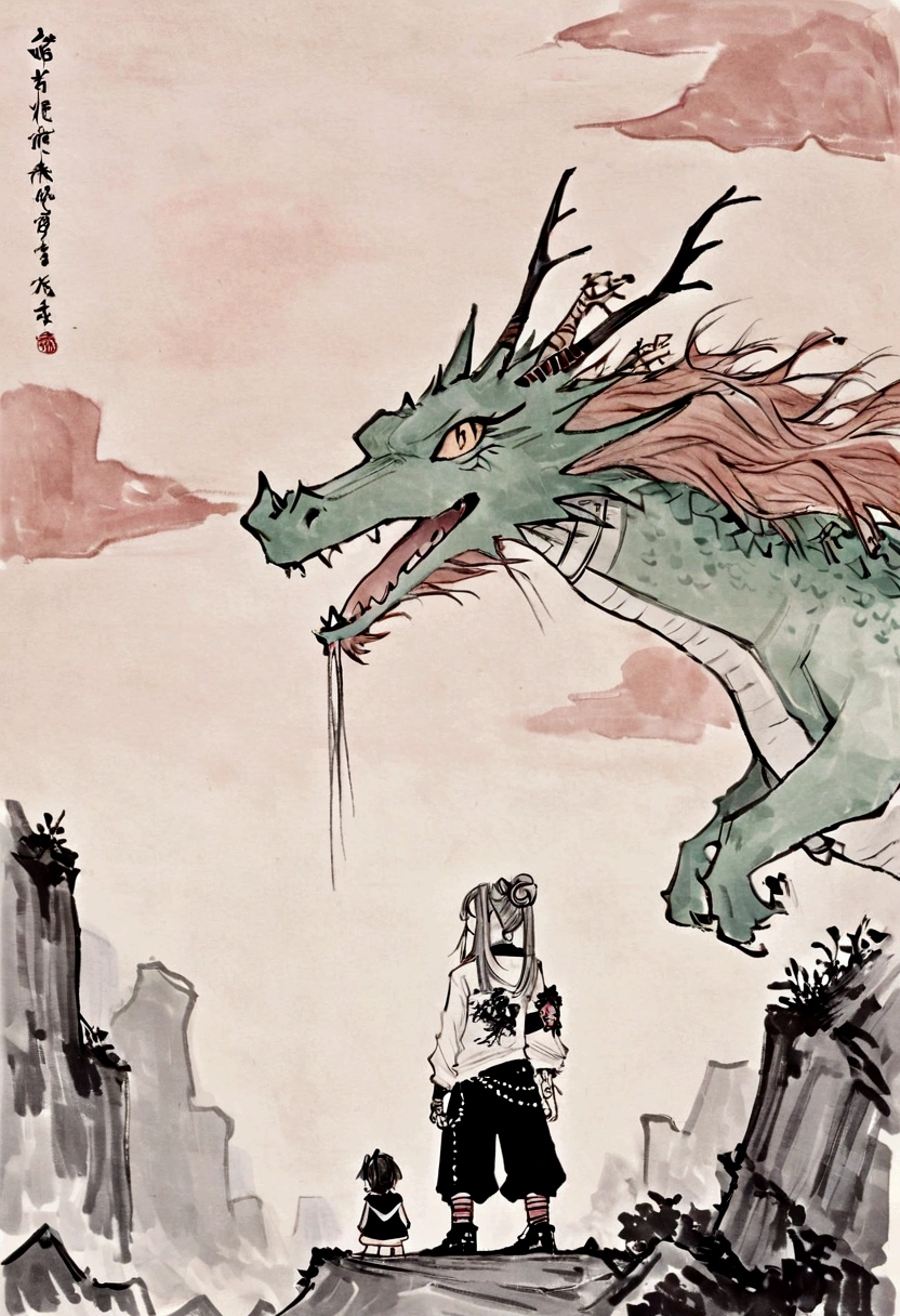 Chinese Dragon on City,, detailed sky, Chinese punk, explanatory narrative,sun master, , dragon looking at little girl