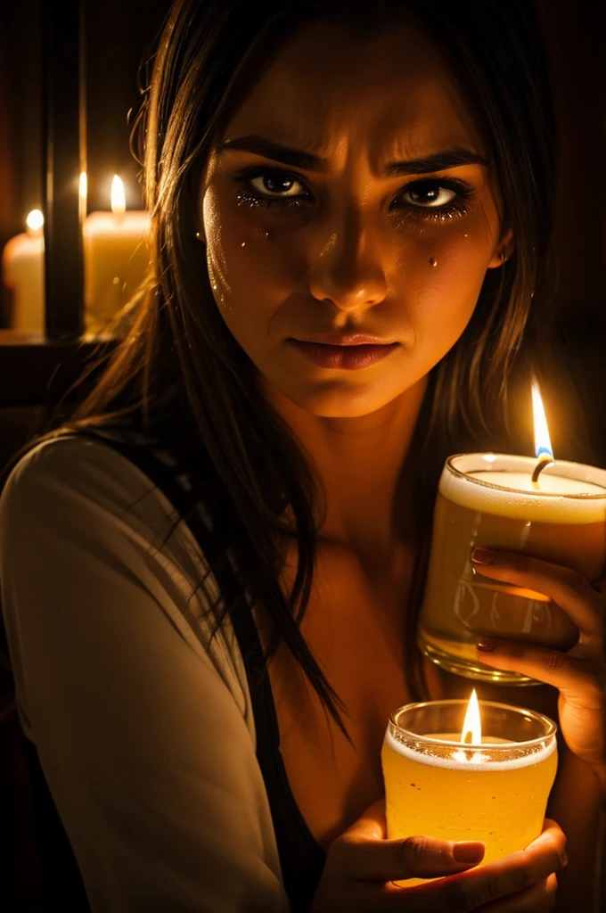 Woman with tears, beer and candles