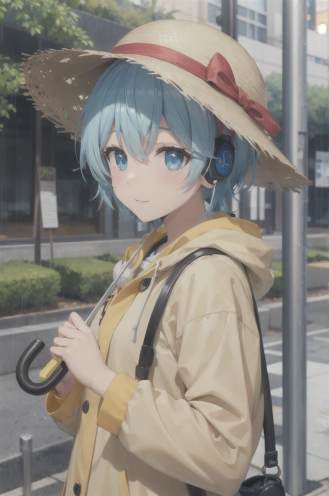Bamboo hat,street_,earphone, Rainy Day,Umbrella