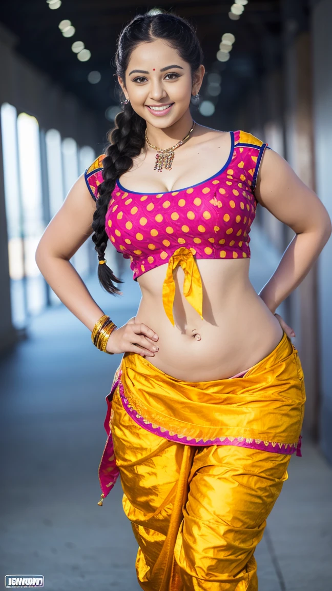 HD wallpaper 32k cinematic shoot of a Beautiful cute girl, with thick thighs and a curvy waist, twin braids,  wearing an Indian blouse top, horny, seductively, in a school corridor, dotted blouse top, smiling, ((long curvy waist)), ((lowwaist)), ((curvy waist))