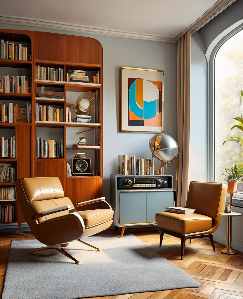 an art deco style room with chair, book shelf, book collection and stereo, Light color system, in the style of mid-century illustration, Light gray and light brown, hard edge painter, technological design, pop art references, modern and sleek, multi-layered
