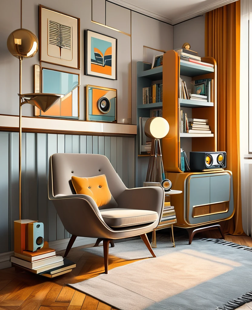 an art deco style room with chair, book shelf, book collection and stereo, Light color system, in the style of mid-century illustration, Light gray and light brown, hard edge painter, technological design, pop art references, modern and sleek, multi-layered