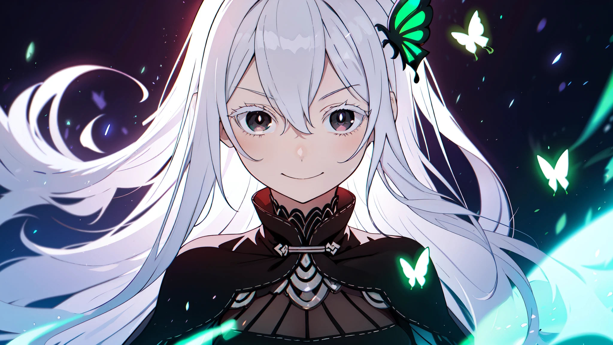 absurdres, highres, ultra detailed, echidna, brown eyes, medium breasts, butterfly hair ornament, (colored eyelashes:1.1), capelet, black dress, long sleeves, looking at viewer, evil smile, otherworldly hues, surreal landscapes, unseen light, ethereal glow, neon green glow, vibrant colors, ghostly effect