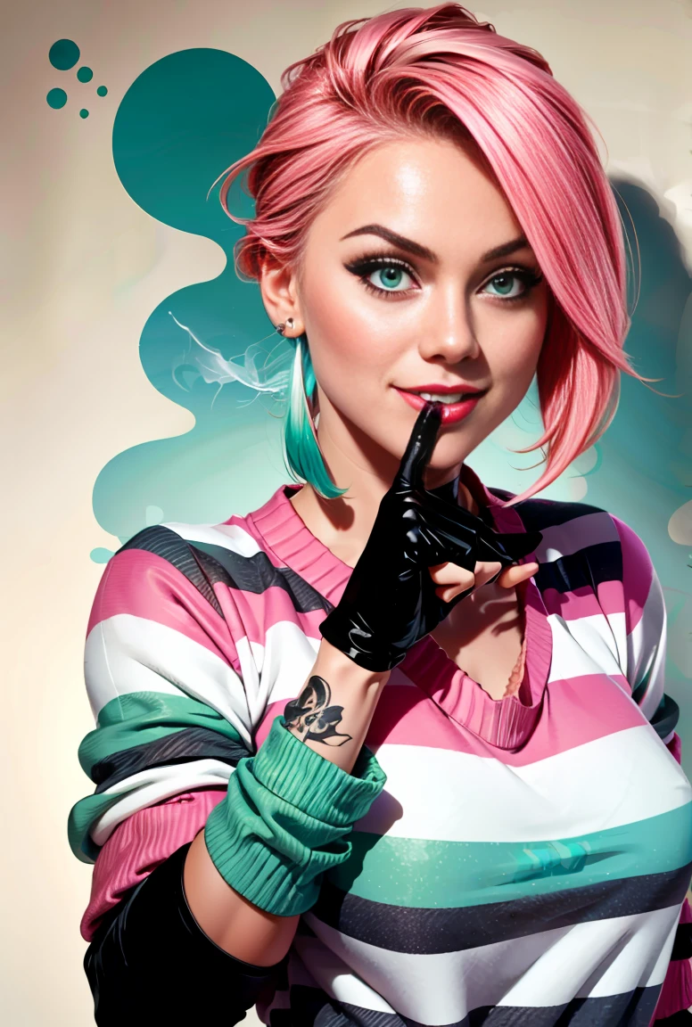kpop girl with rizz smile face, bad ass, black gloves, bobba shake, neon yellow pink hair, tattoos on hands and neck, piercing, black mixed green striped oversized tomboy ish sweater, cool badass pose, smoke background, colorful smoke background