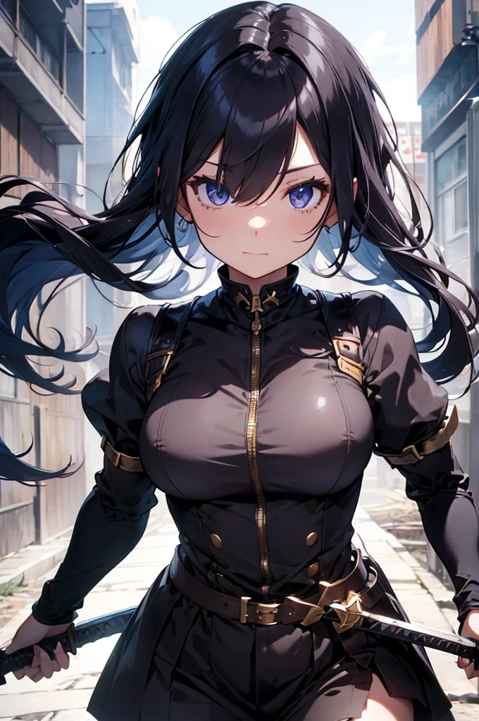 Dark Paladin,beautiful breasts,Hair Color is gold,hair style is sideponytali, hair over one eye,high Quality,best quality,holding sword