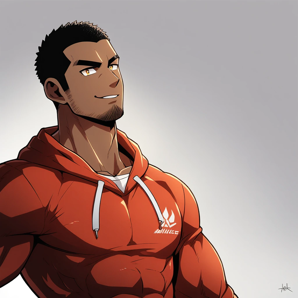 anime characters:Gyee, Young Muscle Sports Teacher, negro black skin, Buzz Cut, Manliness, male focus, Dark red long-sleeved hooded sweatshirt, Very tight, muscular male, muscular, only, Upper body, alone, Black short hair, Thick eyebrows, stubble, Yellow eyes, Grey background, simple background, amazing quality, best aesthetics, Ridiculous, bright pupils, crew cut, parted lips, seductive smile, torogao, naughty face, best quality