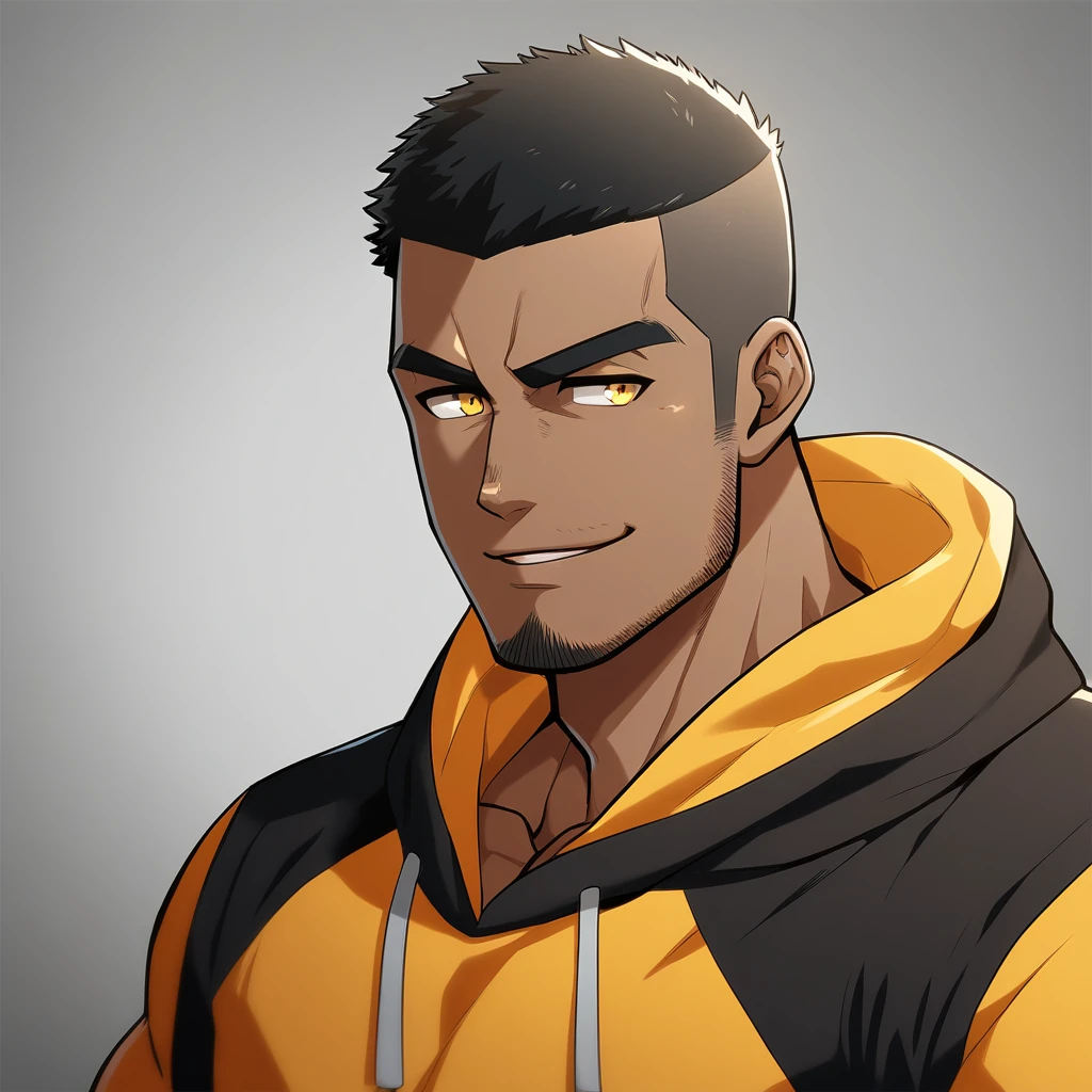 anime characters:Gyee, Young Muscle Sports Teacher, negro black skin, Buzz Cut, Manliness, male focus, Dark red long-sleeved hooded sweatshirt, Very tight, muscular male, muscular, only, Upper body, alone, Black short hair, Thick eyebrows, stubble, Yellow eyes, Grey background, simple background, amazing quality, best aesthetics, Ridiculous, bright pupils, crew cut, parted lips, seductive smile, torogao, naughty face, best quality