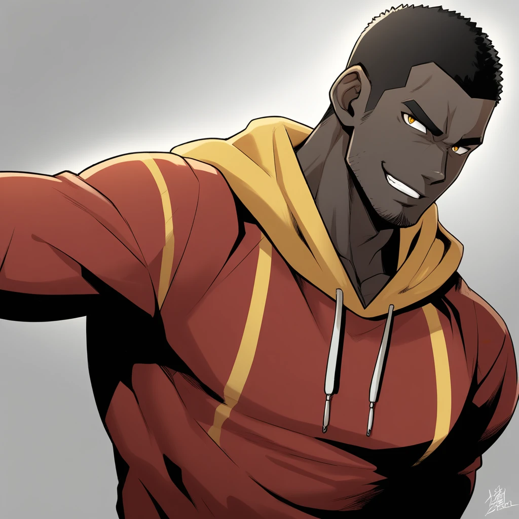 anime characters：Gyee, Young Muscle Sports Teacher, negro black skin, Buzz Cut, Manliness, male focus, Dark red long-sleeved hooded sweatshirt, Very tight, muscular male, muscular, only, Upper body, alone, Black short hair, Thick eyebrows, stubble, Yellow eyes, Grey background, simple background, amazing quality, best aesthetics, Ridiculous, bright pupils, crew cut, parted lips, seductive smile, torogao, naughty face, best quality