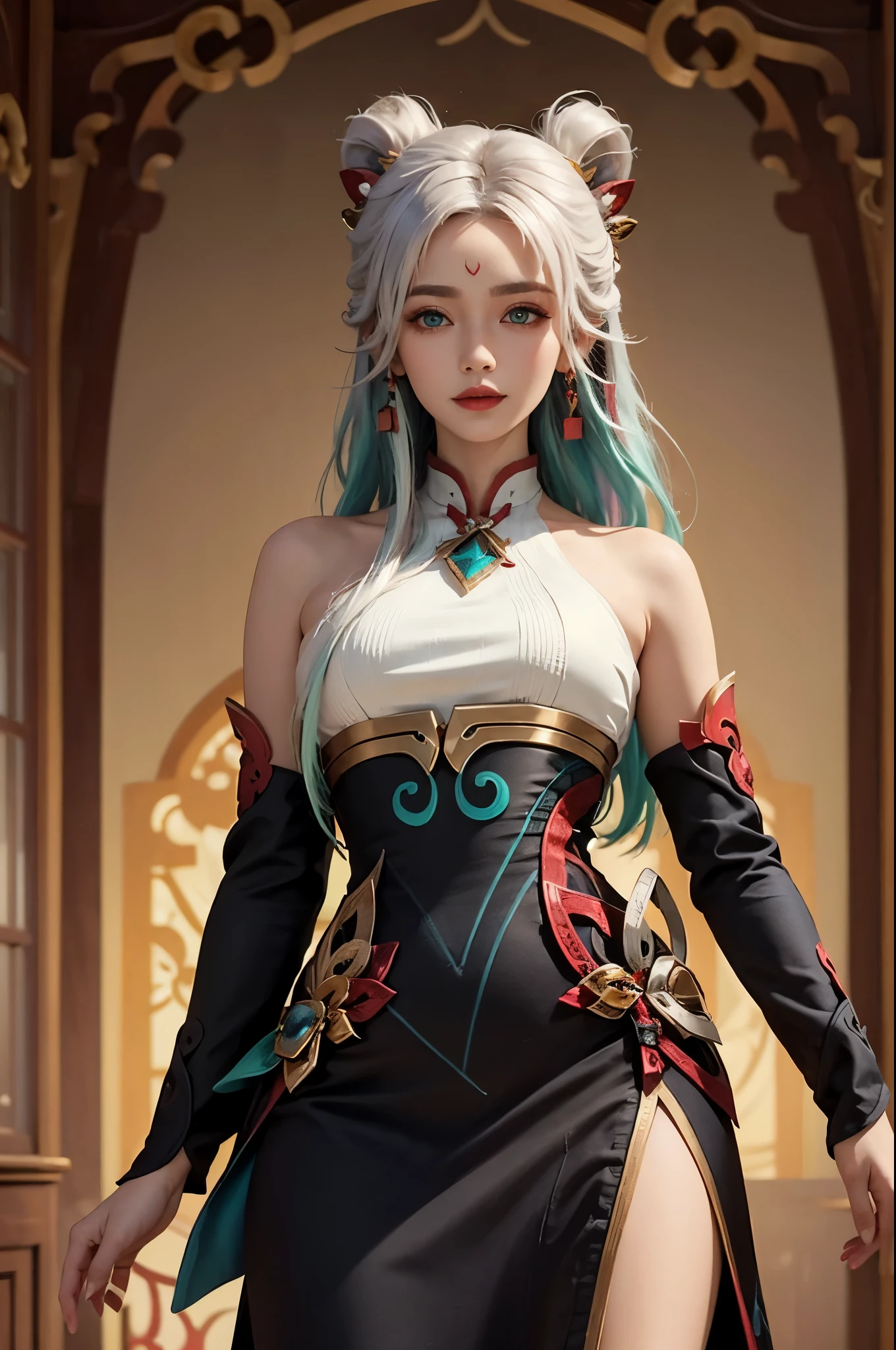 (masterpiece, best quality:1.2), intricate details, mythmaker irelia, 1girl, hair ornament, hair rings, bare shoulders, dress, detached sleeves, forehead mark, multicolored hair, white hair, earrings, green eyes, textured skin, looking at viewer, solo, light smile, (mature female:1.2)
