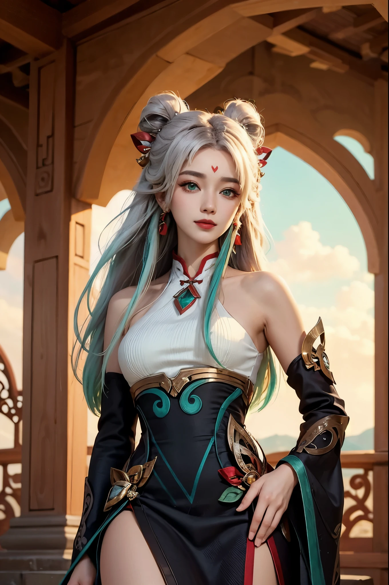 (masterpiece, best quality:1.2), intricate details, mythmaker irelia, 1girl, hair ornament, hair rings, bare shoulders, dress, detached sleeves, forehead mark, multicolored hair, white hair, earrings, green eyes, textured skin, looking at viewer, solo, light smile, (mature female:1.2)