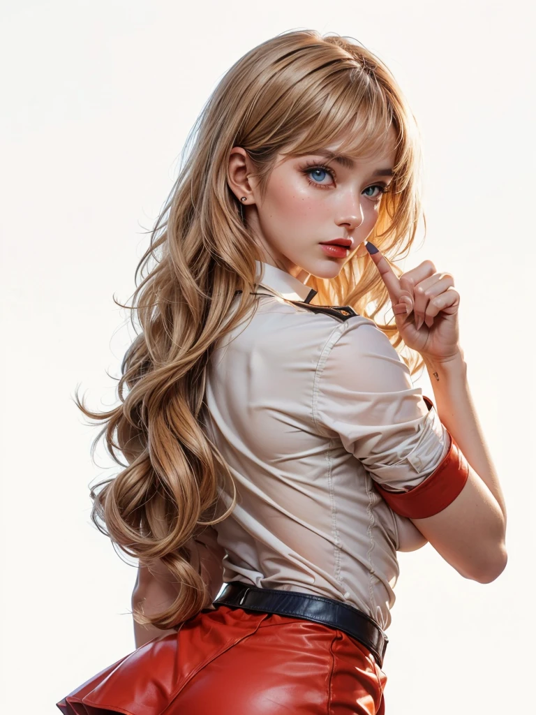 Detailed woman's face looking at the camera, blue eyes, (brown curly hair: 1.2), bangs, flight attendant, flight attendant uniform, red tight leather skirt, light and shadow, sunlight shining on the body, correcting deformed fingers, realistic, sharp eyes, ((eyes looking at the camera)),1 female、(Super beautiful)、(Pretty Face:1.5)、(A European stewardess1.5)、(Brown curly hair1.2)、(Bangs:1.1)、(Red leather skirt:1.1)、(Flight attendant uniform)、(Tailored Jackets)、(Solid Navy Mini Skirt)、(Brown wavy hair:1.2)、High heel、(Dark Makeup),Smooth and delicate skin,Sweat on the skin,(Masterpiece: 1.4), (8000, Realism, RAW photo, best quality: 1.4), (1 girl), beautiful face, (lifelike face: 1.4), (brown wavy roll: 1.3), beautiful hair style, beautiful and meticulous eyes, (best proportion eyes: 1.5), attractive, ultra-high resolution, surRealism, very detailed, best aspect ratio, (meticulous face: 1.4), looking at the audience, red lipstick, (best finger proportion: 1.5), (a beautiful stewardess looking at the camera), [(18 years), whole body, (lifelike blue eyes: 1.2), (strength display In describing the behavior of female superman, (very good, very good: 1.4),
