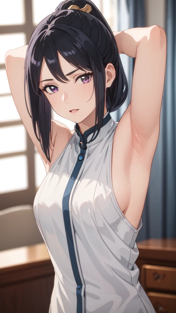 photorealistic, (4k), depth of field, woman, long hair, black hair, ponytail, hairpin, purple eyes, (((naked))), looking at viewers eyes, ((armpit_spread)), nsfw